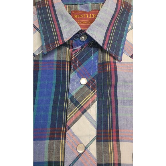 Rustler Men’s M Blue Plaid Western Pearl Snap Shirt VTG X-Long Tails EUC - Picture 3 of 6